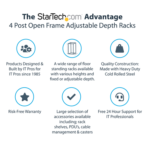 StarTech.com 15U 19" Open Frame Server Rack - 4 Post, Adjustable Depth 22 to 40" - Mobile Network Equipment Rack - HP ProL