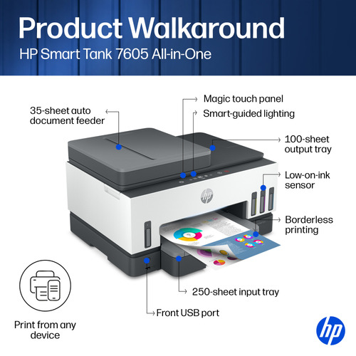 HP 7605 Smart Tank - Tintenstrahl-Multifunktionsdrucker - Kopierer/Drucker/Scanner - 4800 x 1200 dpi Druckauflösung