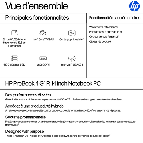 Ordinateur Portable - HP ProBook 4 G1iR - Écran 35,6 cm (14") - WUXGA - Intel Core 5 Series 1 120U - 12 Go - 512 Go SSD - 