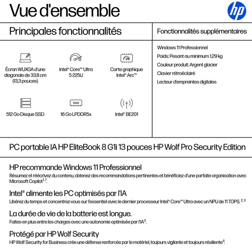 HP EliteBook 8 G1i 13.3 AI Intel Core Ultra 5 225U - 512GB SSD 16GB - 1920 x 1200 - Argenté - W11P