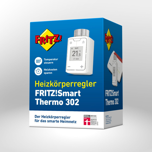 FRITZ! Smart Thermo 302. Produktfarbe: Weiß, Steuerung: Tasten, Betriebstemperatur: 0 - 50 °C. Akku-/Batterietyp: AA, Akku
