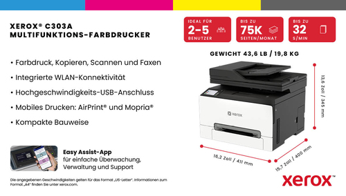 Xerox C303a. Drucktechnologie: Laser, Drucken: Farbdruck, Maximale Auflösung: 2400 x 600 DPI, Druckgeschwindigkeit (Farbe,