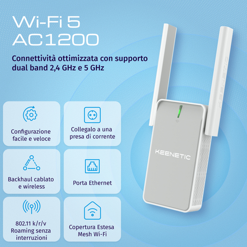 KEENETIC Buddy 5 (KN-3311) AC1200 Wi-Fi Extender, Mesh, 1 porta 100 Mbit/s, Menù multi lingua
