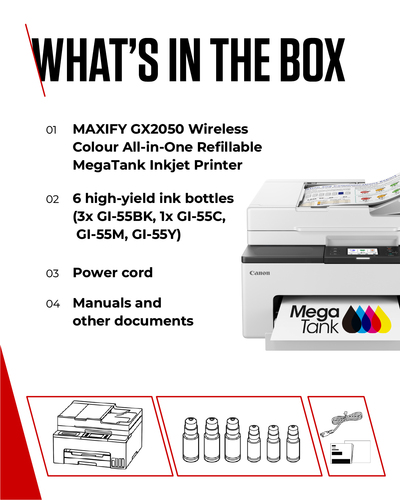 Canon MAXIFY GX2050 Wired & Wireless MegaTank Inkjet Multifunction Printer - Colour - Printer/Copier/Scanner/Fax/Cloud - 6