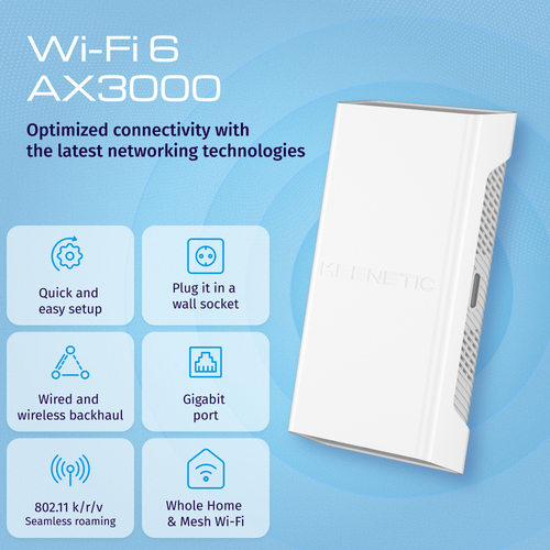 Keenetic Buddy 6 SE (KN-4410). Type: Network repeater, Data transfer rate: 3000 Mbit/s, Ethernet LAN data rates: 1000 Mbit