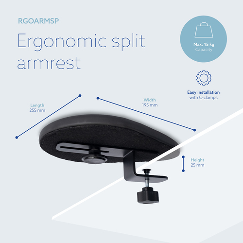 R-Go Tools Armrest R-Go split, ergonomic armrest in two parts, adjustable, symmetrical, with softfoam, black. Product colo