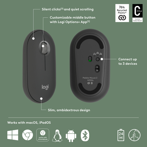 Mouse Logitech Pebble - Bluetooth - Grafite - Wireless