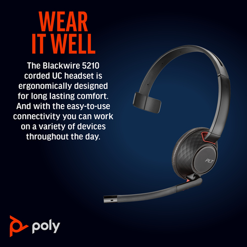 HP Poly Blackwire 5210 Monaural USB-C Headset +3.5mm Plug +USB-C/A Adapter. Product type: Headset. Connectivity technology