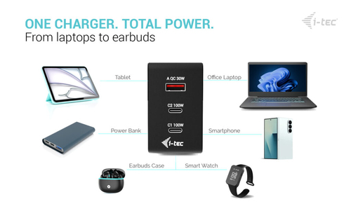 i-tec 100 W AC Adapter - Universal Adapter - 3 USB - 2 USB Type-C - For Notebook, Tablet PC, Smartphone, Earbud, Smart Wat
