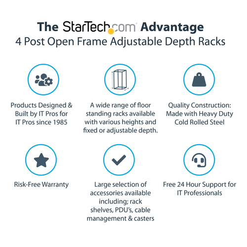 StarTech.com 18U 19" Open Frame Server Rack - 4 Post, Adjustable Depth 22 to 40" - Mobile Network Equipment Rack - HP ProL