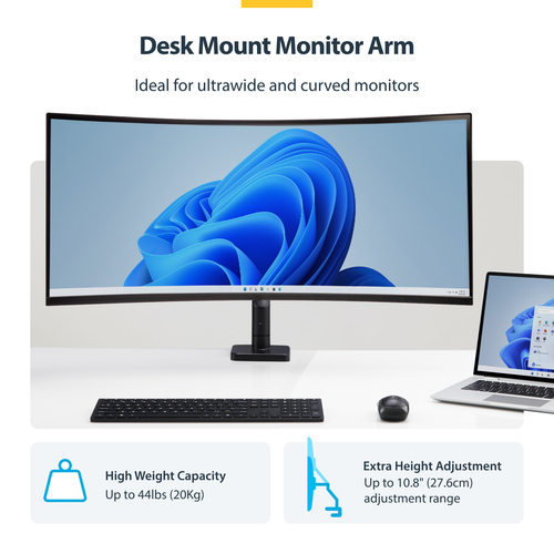 StarTech.com Monitor Desk Mount for up to 49in 32:9 Ultrawide Curved Screen, Mechanical Spring Arm, C-Clamp/Grommet, Max W