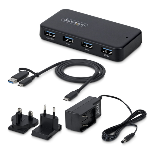StarTech 4-Port USB-A Hub, 5Gbps, Self-Powered, 2-in-1 USB-C and USB-A Host Cable, 1x BC 1.2 Charging Port, 24W Power Adap