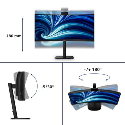 Philips 34B2U3600CH 34 Zoll Klasse Webcam UWQHD Gekrümmter Bildschirm LED-Monitor - 21:9 Format - Schwarz - 86,4 cm (34 Zo