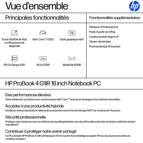 Ordinateur Portable - HP ProBook 4 G1iR - Écran 40,6 cm (16") - WUXGA - Intel Core 5 1ère Gen 120U - 16 Go - 512 Go SSD - 