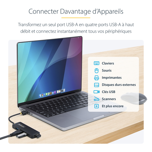 StarTech.com Hub USB-C 4 Ports, 5Gbps, USB-C vers 4x USB-A, Alimenté par Bus, Mini Hub de Voyage, Splitter USB 3.0 Multipo