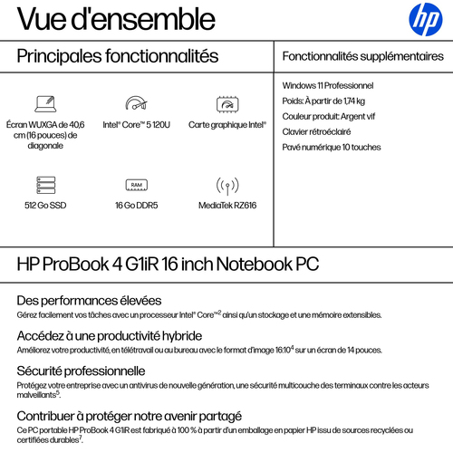 Ordinateur Portable - HP ProBook 4 G1iR - Écran 40,6 cm (16"") - WUXGA - Intel Core 5 1ère Gen 120U - 16 Go - 512 Go SSD -