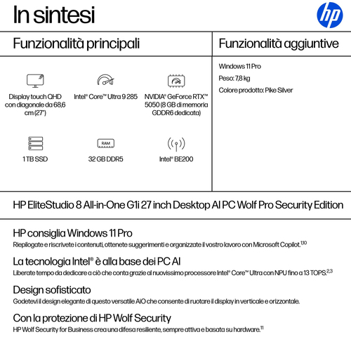 HP EliteStudio 8 G1i AI Wolf Pro Security Edition. Tipo di prodotto: PC All-in-one. Dimensioni diagonale schermo: 68,6 cm 