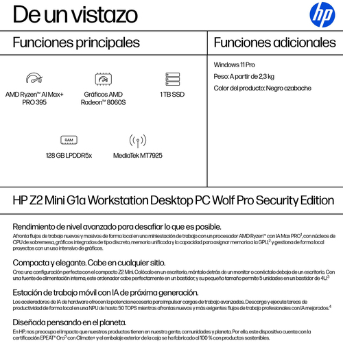HP Z2 G1a Wolf Pro Security Edition. Processor frequency: 3 GHz, Processor family: AMD Ryzen AI Max+ PRO, Processor model: