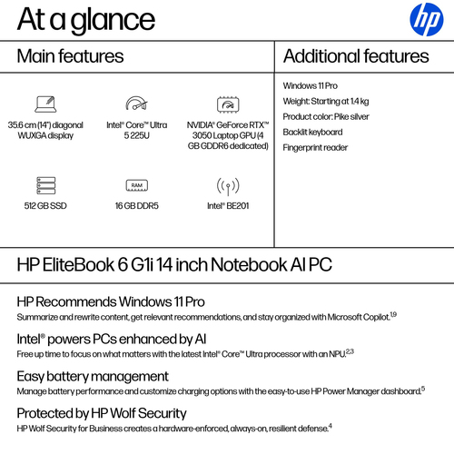 HP EliteBook 6 G1i 35.6 cm (14") Notebook - WUXGA - Intel Core Ultra 5 225U - 16 GB - 512 GB SSD - Pike Silver Aluminum - 
