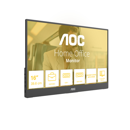 Monitor LED AOC 16T20E2 406,4 mm (16") Classe Full HD - 16:9 - Nero - 39,6 cm (15,6") Viewable - Tecnologia In-plane Switc