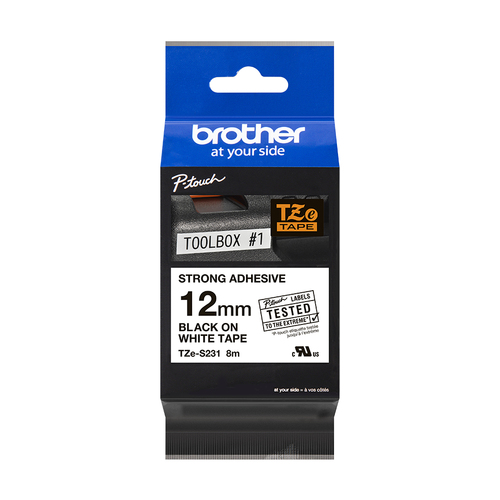 Brother P-touch TZES231 Label Tape - 12.70 mm Width - Black, White - Polyethylene - Laminated - 1 Each