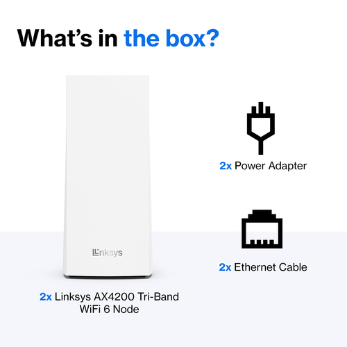 Linksys Velop Whole Home Intelligent Mesh WiFi 6 (AX4200) System, Tri-Band, 2-pack. Product colour: White, Antenna type: I
