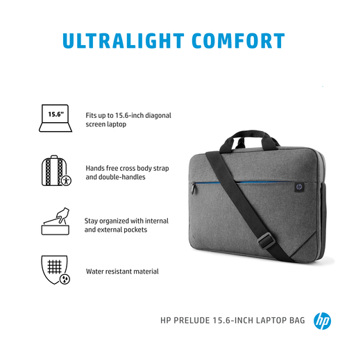 HP Prelude 15.6-inch Laptop Bag. Case type: Briefcase, Maximum screen size: 39.6 cm (15.6"). Weight: 300 g. Surface colora