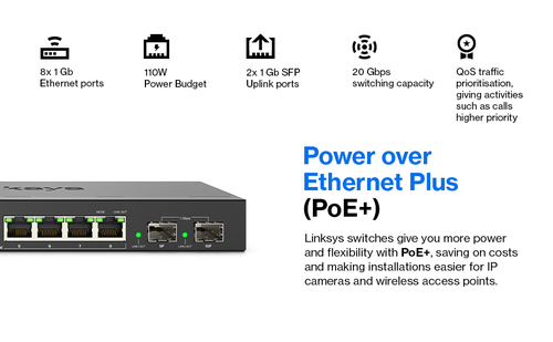 Linksys LGS310MPC 8 Ports Manageable Ethernet Switch - Gigabit Ethernet - 1000Base-T, 1000Base-X - 3 Layer Supported - Mod