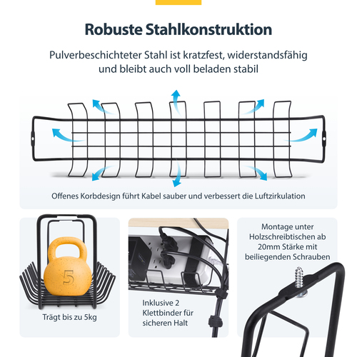 StarTech.com Untertisch Kabelmanagement Ablage, 615mm langes Metall Gitter Kabelorganizer, Schraubmontage, Steckdosenleist