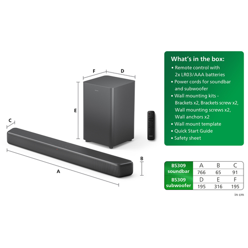 Sound Bar Speaker Philips TAB5309 2.1 Bluetooth - 120 W RMS - Grigio scuro - Parato montabile - 150 Hz a 20 kHz - Dolby Di