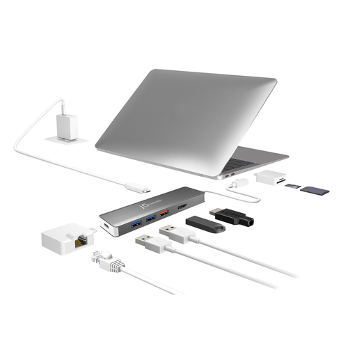 j5create JCD375 6 Port(s) USB Type C Docking Station for Notebook, MacBook - Charging Capability - Silver, White - 1 Displ