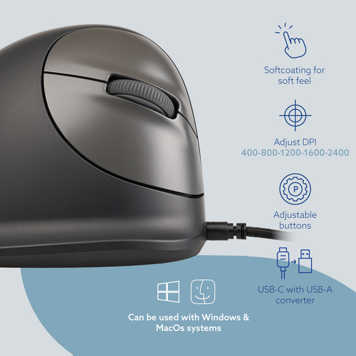R-Go HE Break Maus - USB - Schwarz - PC, Mac - Kabel - 2400 dpi Auflösung - Klein Hand-/Handflächengröße - Rechtshändig