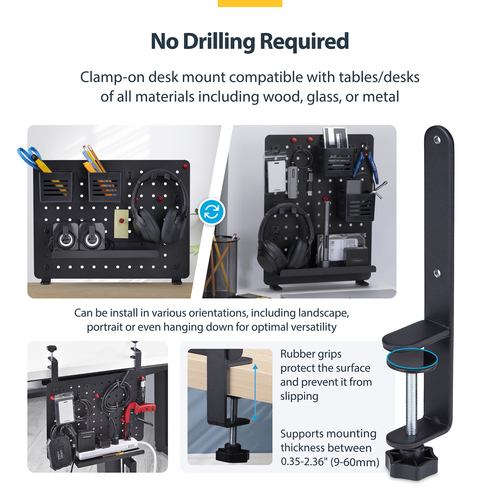 StarTech.com Clamp-On Pegboard with Accessories, 16.5x12.5in, Steel Peg Board, Desktop Storage Organizer, Black - Streamli