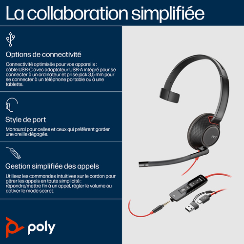 HP Poly Blackwire 5210 Monaural USB-C Headset +3.5mm Plug +USB-C/A Adapter. Product type: Headset. Connectivity technology