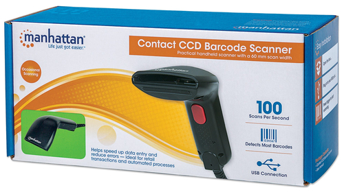 Manhattan Contact CCD Handheld Barcode Scanner, USB, 60mm Scan Width, Cable 152cm, Max Ambient Light 5,000 lux (sunlight),