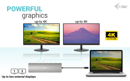 i-tec USB Type C Docking Station for Notebook, Tablet, Monitor - Grey - 2 Displays Supported - 4K, Full HD, QHD - 3840 x 2