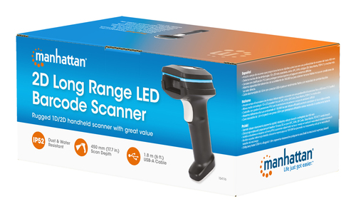 Manhattan 2D Long Range LED Barcode Scanner, USB, 450mm Scan Depth, Max Ambient Light 100,000 lux (sunlight), Supports sym