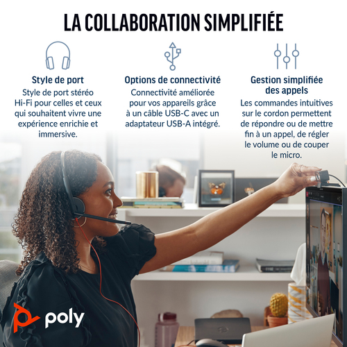 Casque Poly Blackwire 3220 - Filaire - Design Supra-auriculaire, Sur tête - Stéréo - Couleur Noir - Binaural - Supra-aural