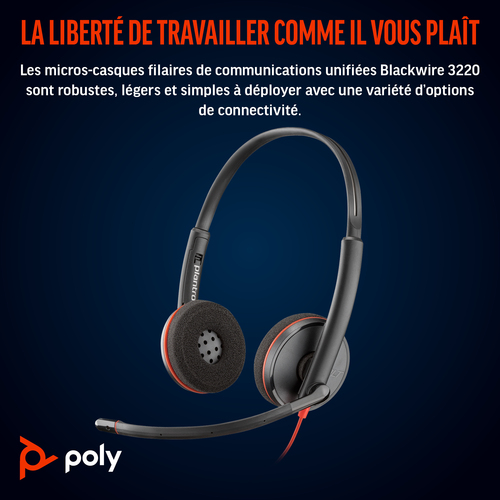Casque Poly Blackwire 3220 - Filaire - Design Supra-auriculaire, Sur tête - Stéréo - Couleur Noir - Binaural - Supra-aural