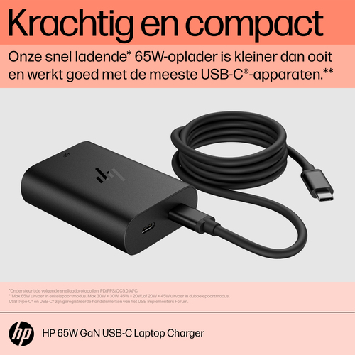HP 65W GaN USB-C Laptop Charger. Purpose: Laptop, Power supply type: Indoor, Output voltage: 5,9,12,15,20 V. Product colou