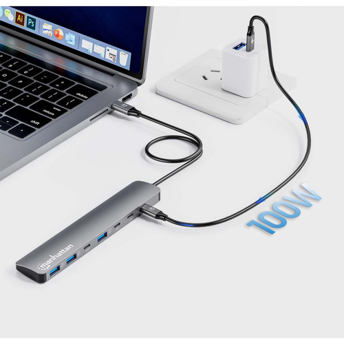 Manhattan USB-C Dock/Hub, Ports (x7): USB-A (x3) and USB-C (x4), With Power Delivery (100W) to USB-C Port (Note additional