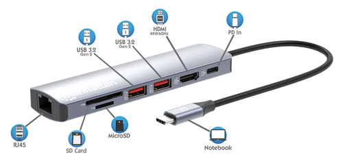 Manhattan USB-C Dock/Hub with Card Reader, Ports (x5): Ethernet, HDMI, USB-A (x2) and USB-C, with Power Delivery (PD) 100W
