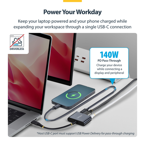StarTech.com Adaptateur Multiport USB-C vers HDMI avec Charge PD 140W, HDMI 4K 60Hz, Hub USB 5 Gbps, Power Delivery 3.2, M