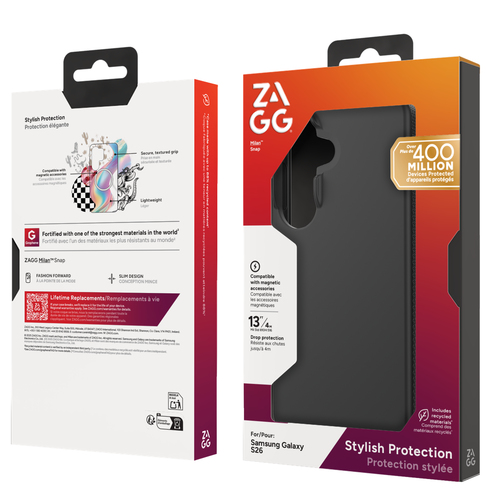 ZAGG Milan Snap Case For Galaxy S26 Black. Case type: Cover, Brand compatibility: Samsung, Compatibility: Galaxy S26, Maxi