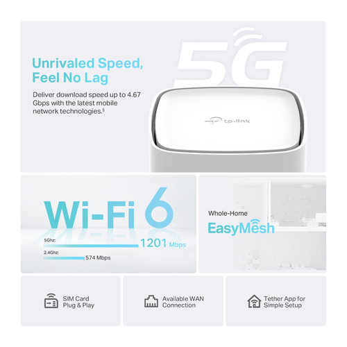 Modem/Routeur sans fil TP-Link Archer NX210 - Wi-Fi 6 - IEEE 802.11 a/b/g/n/ac/ax - 1 SIM - cellulaire, Ethernet - 5G - LT