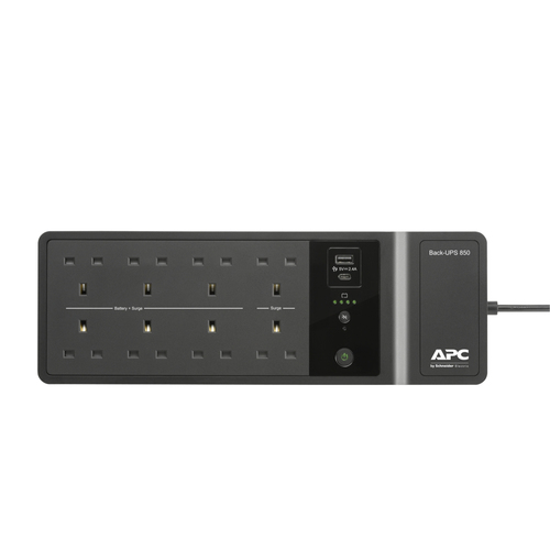 APC Back-UPS BE850G2-UK - 8x BS 1363 outlets, 850VA, 2 USB chargers, 1 USB data port. UPS topology: Standby (Offline), Out