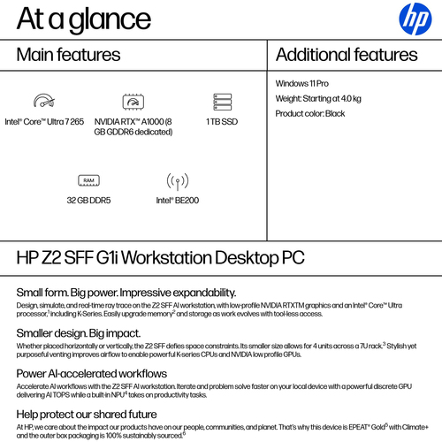 HP Z2 G1i Workstation - Intel Core Ultra 7 265 - 32 GB - 1 TB SSD - Small Form Factor - Black - Intel W880 Chip - Windows 