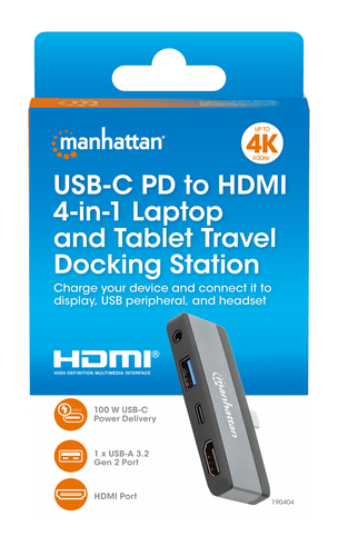 Manhattan USB-C Travel Dock/Hub, Ports (x4): HDMI, USB-A, USB-C and 3.5mm audio, With Power Delivery (100W) to USB-C Port,