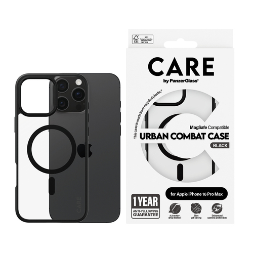 PanzerGlass CARE™ by ® Urban Combat Case Transparent w. Black Frame & MagSafe iPhone 16 Pro Max. Case type: Cover, Brand c