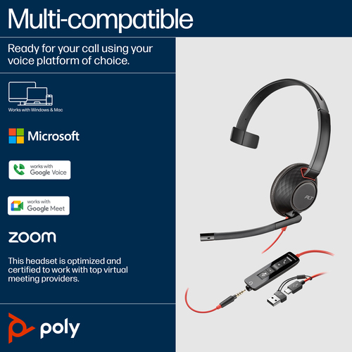 HP Poly Blackwire 5210 Monaural USB-C Headset +3.5mm Plug +USB-C/A Adapter. Product type: Headset. Connectivity technology